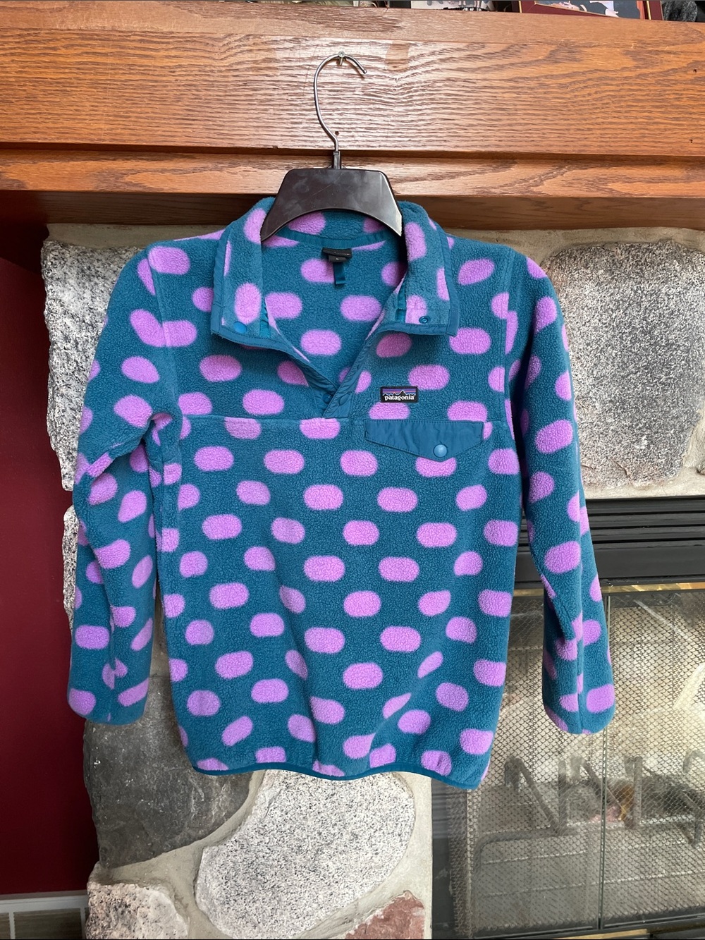 Patagonia Teal Fleece Pullover with Pink Polka Dots